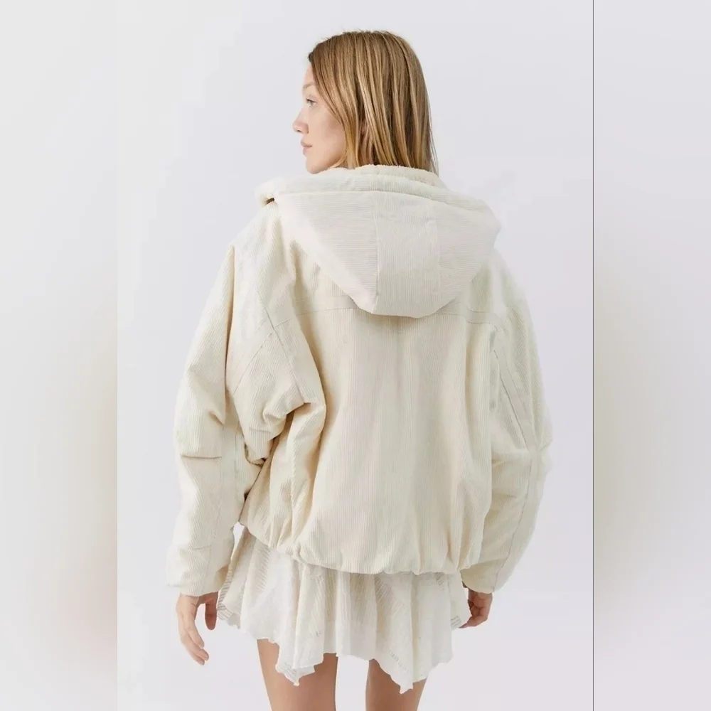 Urban Outfitters Casey Corduroy Zip Hooded Puffer Jacket White Ivory Large - Picture 4 of 13
